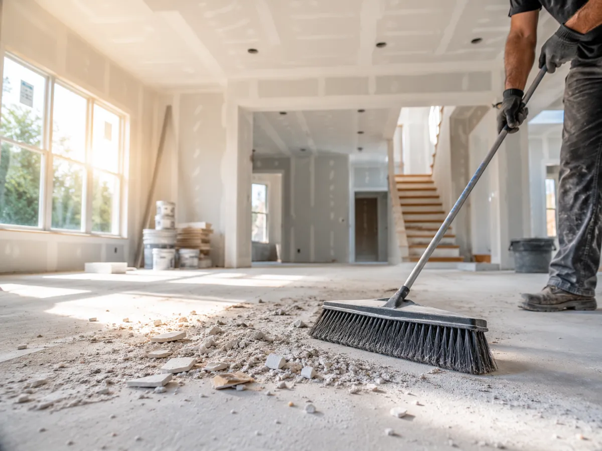 Worker sweeping construction dust from a new home interior