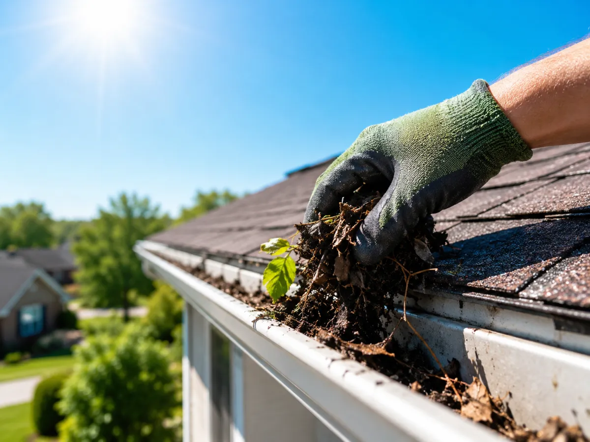 Gloved hand removing debris from a residential gutter